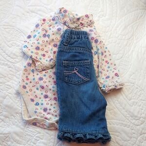 * The Children's Place Floral Print Baby Girl Bodysuit and Denim Jeans, 0-3 mos.